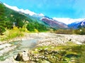 Watercolor. Himalayan Kullu Valley. India. Travel, tourism. Royalty Free Stock Photo