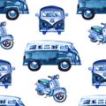 Watercolor hippie camper van and scooter background. Hand painted seamless pattern