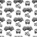 Watercolor hippie camper van and scooter background. Hand painted seamless pattern