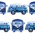 Watercolor hippie camper van and scooter background. Hand painted seamless pattern
