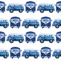 Watercolor hippie camper van and scooter background. Hand painted seamless pattern