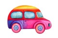 Watercolor Hippie vintage car n isolated white background, hippie retro style. Rainbow car