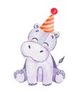 Watercolor hippo in party hat isolated on white background Royalty Free Stock Photo