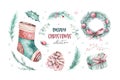 Watercolor holiday christmas clipart. Winter decoration element. Merry christmas design. Pine tree branch, frame Royalty Free Stock Photo