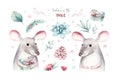 Watercolor holiday christmas rat, mouse clipart. Winter decoration element. Merry christmas design. Pine tree branch Royalty Free Stock Photo