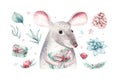 Watercolor holiday christmas rat, mouse clipart. Winter decoration element. Merry christmas design. Pine tree branch Royalty Free Stock Photo