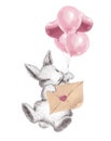 Watercolor holiday illustration with cute little bunny animal with love letter and balloons isolated.