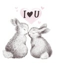 Watercolor holiday illustration with two cute little bunny kissing isolated. Royalty Free Stock Photo