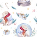 Watercolor holiday seamless pattern of a cute polar bear and deer, winter print, children`s illustration, portrait of a Royalty Free Stock Photo