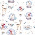 Watercolor holiday seamless pattern of a cute polar bear and deer, winter print, children`s illustration, portrait of a