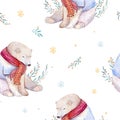 Watercolor holiday seamless pattern of a cute polar bear and deer, winter print, children`s illustration, portrait of a