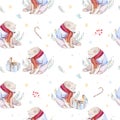 Watercolor holiday seamless pattern of a cute polar bear and deer, winter print, children`s illustration, portrait of a Royalty Free Stock Photo