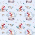 Watercolor holiday seamless pattern of a cute polar bear and deer, winter print, children`s illustration, portrait of a Royalty Free Stock Photo
