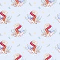 Watercolor holiday seamless pattern of a cute polar bear and deer, winter print, children`s illustration, portrait of a Royalty Free Stock Photo