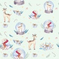 Watercolor holiday seamless pattern of a cute polar bear and deer, winter print, children`s illustration, portrait of a