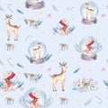 Watercolor holiday seamless pattern of a cute polar bear and deer, winter print, children`s illustration, portrait of a Royalty Free Stock Photo