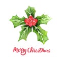 Watercolor Holly berry icon. Merry Christmas symbol. Xmas design element for wreath, festive card, web, poster wallpaper. Merry Ch