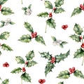 Watercolor holly and mistletoe Christmas seamless pattern. Hand painted holiday plant with red and white berries Royalty Free Stock Photo