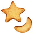 watercolor homemade cookies in the shape of a star and crescent moon, hand drawn illustration of baking biscuits