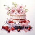 watercolor Homemade naked layered vanilla cake with whipped cream and fresh berries on top on a gray concrete background