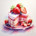 watercolor Homemade naked layered vanilla cake with whipped cream and fresh berries on top on a gray concrete background