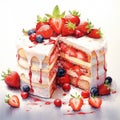 watercolor Homemade naked layered vanilla cake with whipped cream and fresh berries on top on a gray concrete background