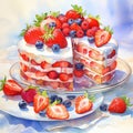 watercolor Homemade naked layered vanilla cake with whipped cream and fresh berries on top on a gray concrete background