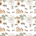 Watercolor honey bee and ant seamless pattern, spider with web repeat paper, insect textile background