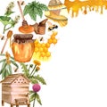 Watercolor honey colorful frame with honeycombs, plants, dipping, bees and honey pot, beehave. Hand drawn honey