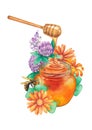 Watercolor honey flowing from the dripper to the bottle and decorated with flowers