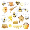 Watercolor honey set, bees, honeycombs, honey, beehive