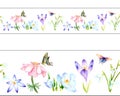 Watercolor horizontal banner, seamless pattern. Spring flowers Royalty Free Stock Photo