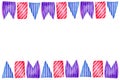 Watercolor horizontal frame with different striped flags, hand drawn illustration of garland of blue, magenta, purple
