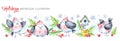 Watercolor horizontal garland. Funny birds, birdhouse, berries, leaves and snowflakes. Cretive New Year. Christmas