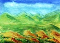 Watercolor horizontal landscape with mountains, blue sky, clouds, green fields and meadows. Hand drawn European scenery Royalty Free Stock Photo
