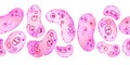 Watercolor horizontal seamless border of pink purple cells microalgae microorganisms, microscope bio algae. Concept for