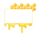 Watercolor horizontal yellow frame with drops honey, honeycombs. White background. Hand painting. Perfectly for printing