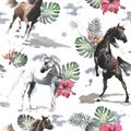 Watercolor horses. Cute cartoon. Pastel color. Tropical flower.