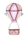 Watercolor hot air balloon with garland of flags brown pink Royalty Free Stock Photo