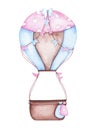 Watercolor hot air balloon with garland of flags brown pink Royalty Free Stock Photo