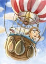 Watercolor hot air balloon illustration. Hand drawn vintage air Royalty Free Stock Photo