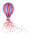 Watercolor hot air balloon and many hearts. Royalty Free Stock Photo