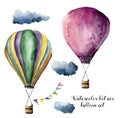 Watercolor hot air balloon set for design. Hand painted vintage air balloons with flags garlands and clouds Royalty Free Stock Photo