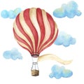 Watercolor hot air balloon set. Hand drawn vintage air balloons with clouds, banner for your text and retro design Royalty Free Stock Photo