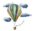 Watercolor hot air balloon set. Hand painted vintage air balloons with flags garlands, clouds and retro design Royalty Free Stock Photo