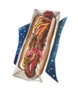 Watercolor hot dog with hot mustard sauce, red peppers in the package and on a napkin with stars.