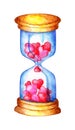 Watercolor hourglass with pink and red hearts instead of sand. Time to love.