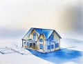 Watercolor of house atop blueprint