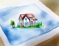 Watercolor of house atop blueprint