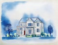 Watercolor of house atop blueprint